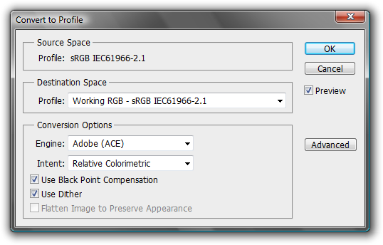The “Convert to Profile” dialog converts raw color data to fit the gamut of the Destination Space.